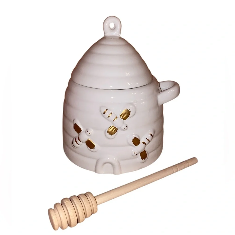 HONEY POT WITH LID Ceramic Hive Shaped with Wooden Honey Dipper NWOT Cream & GLD